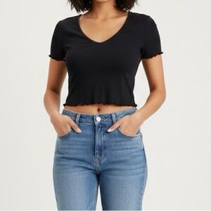 Privacy Please Black Ribbed Lettuce Hem Crop Top XS